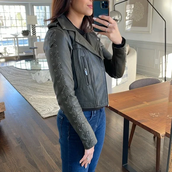 BCBG MaxAzria Genuine Leather Olive Coat with Lace Up XXS - Picture 3 of 16